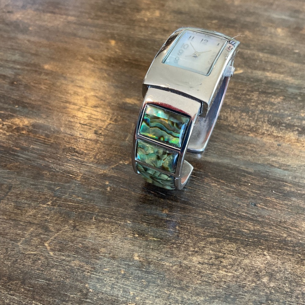 Silver Tone Cuff Watch Abalone Shell Inlay Bracelet Watch Boho Southwestern Styl